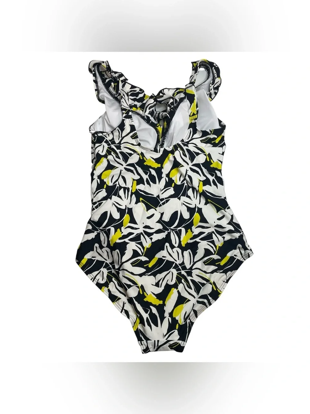 DKNY Ruffle Neck One Piece Swimsuit Fluro Yellow Multi Black Medium New - Picture 7 of 8